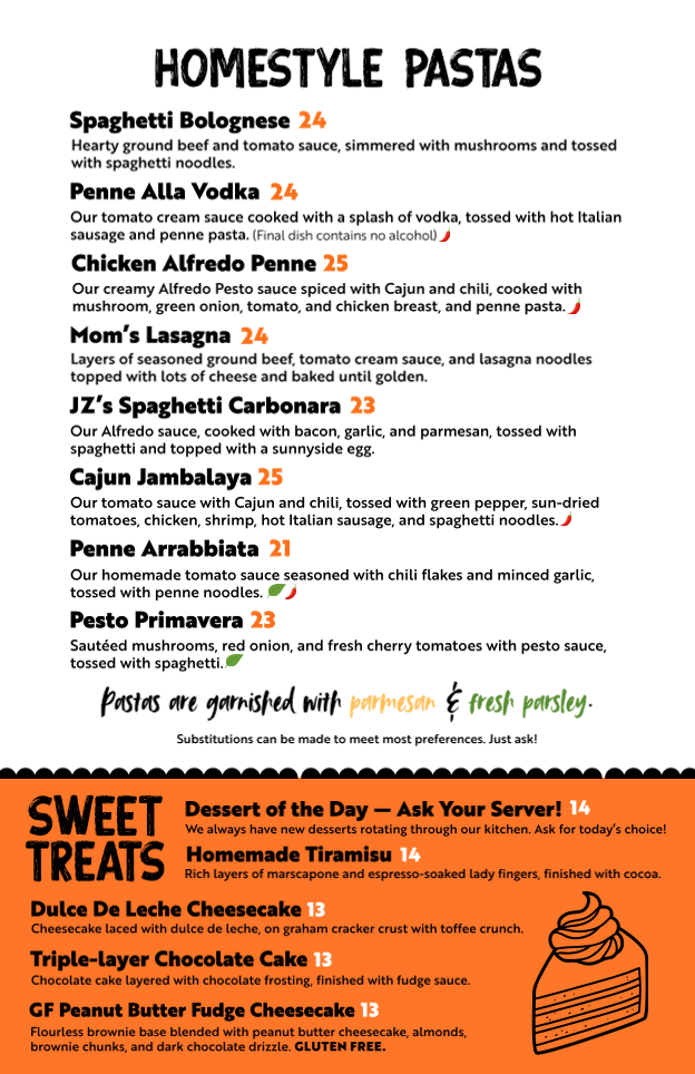 Menu, JZ’s Pizza