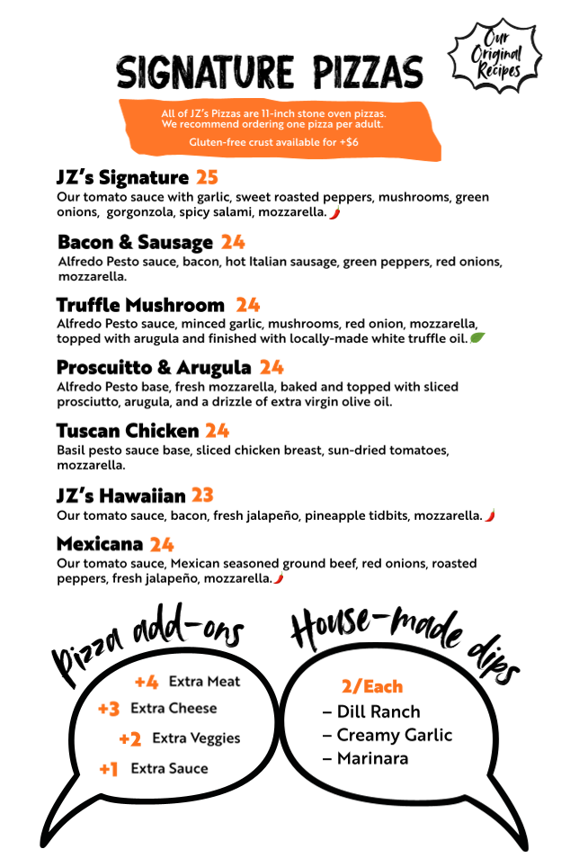 Menu, JZ’s Pizza