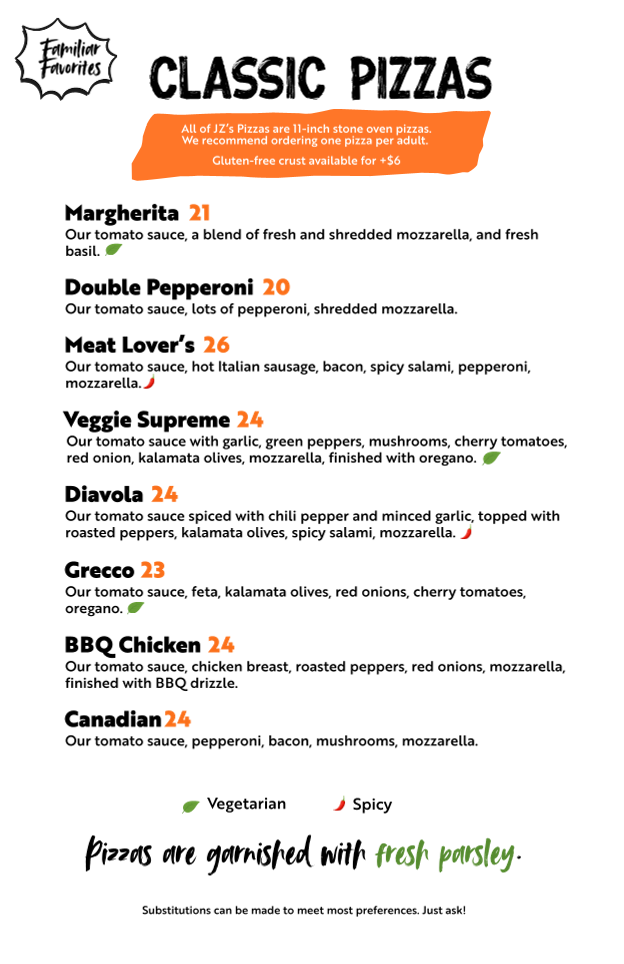 Menu, JZ’s Pizza