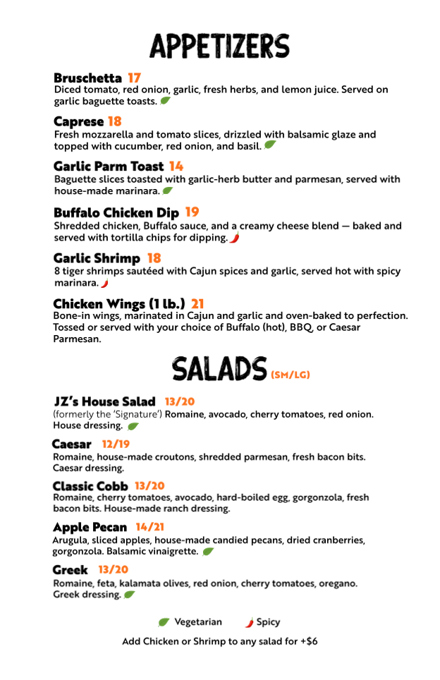 Menu, JZ’s Pizza