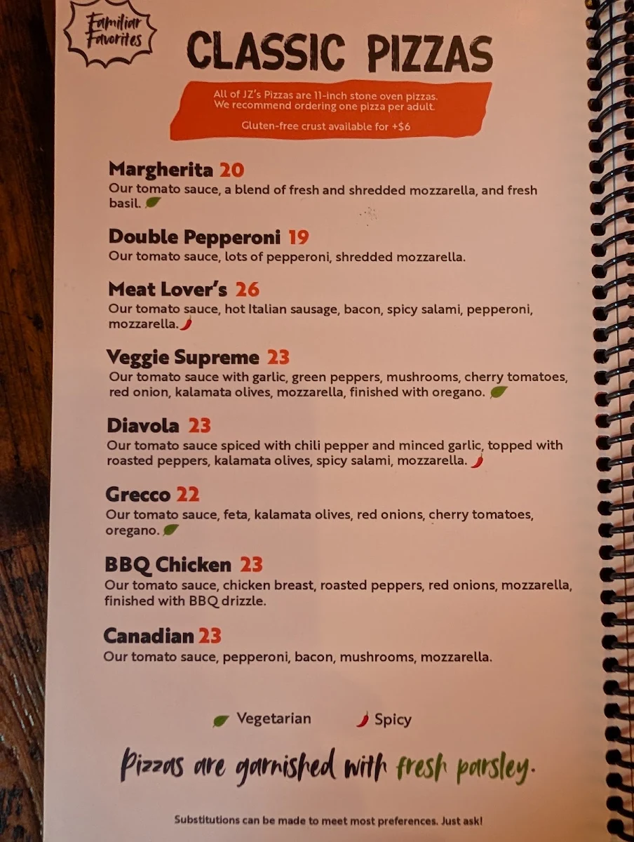 Menu, JZ’s Pizza