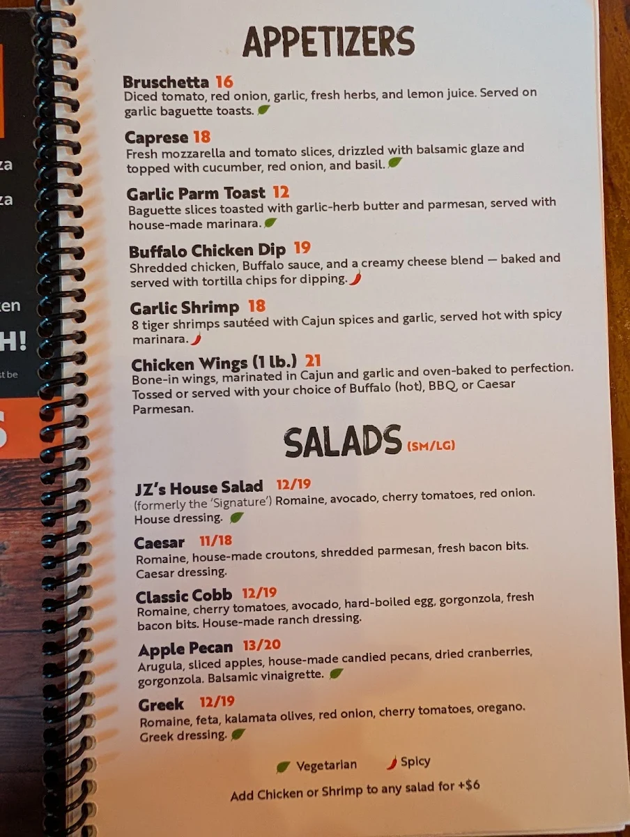 Menu, JZ’s Pizza