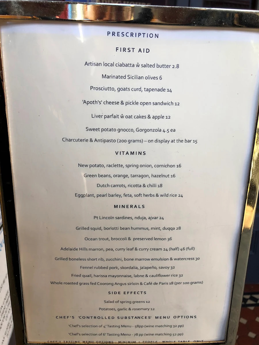 Menu, APOTECA