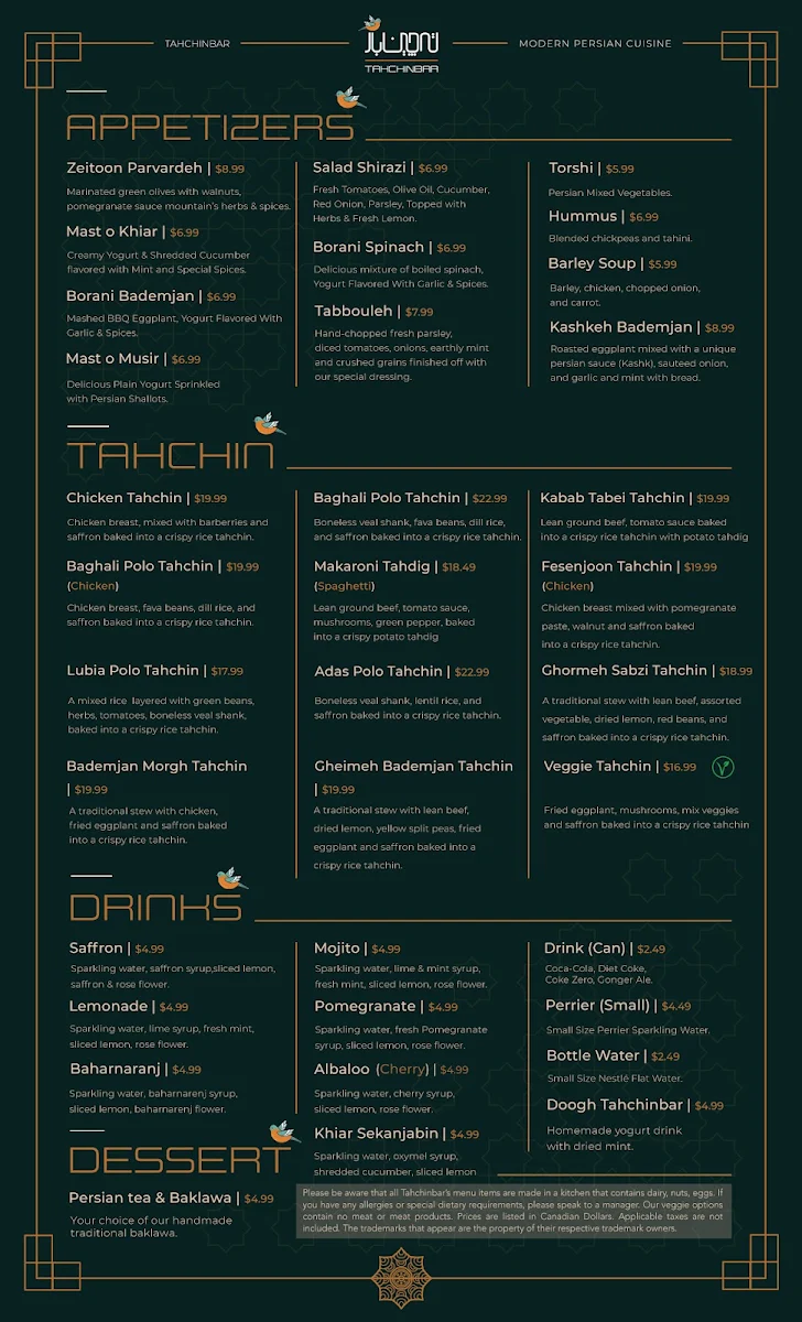 Menu, Tahchinbar