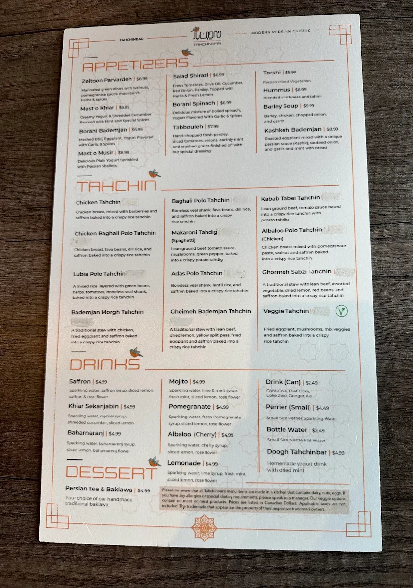 Menu, Tahchinbar