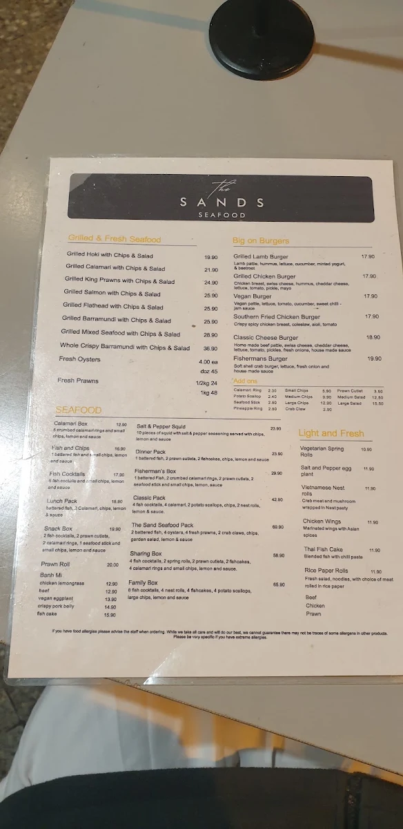 Menu, The Sands Seafood