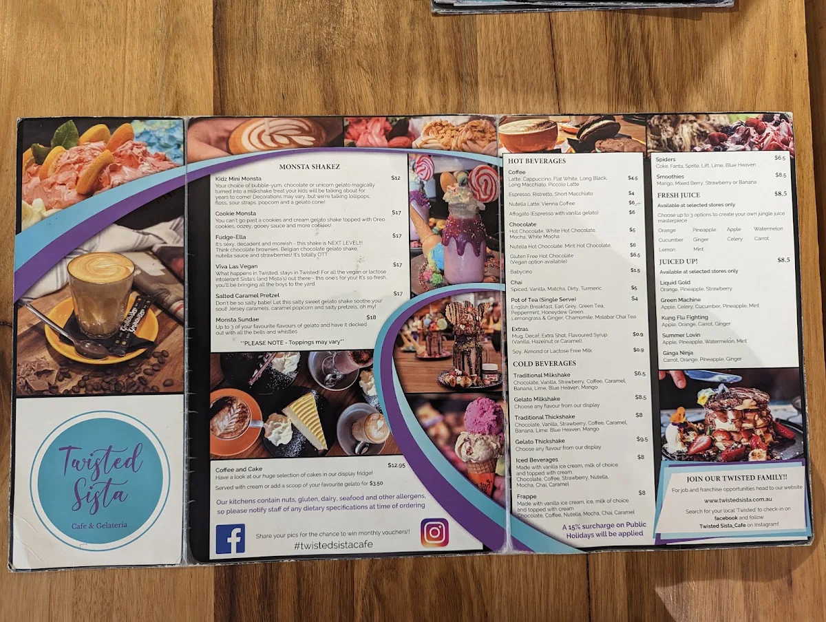 Menu, Twisted Sista Cafe & Gelateria - Knox