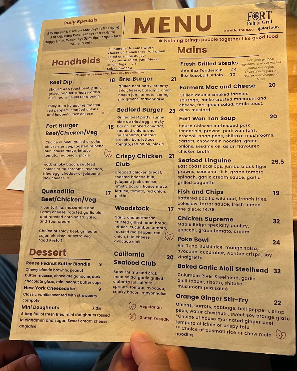 Menu, Fort Pub & Grill