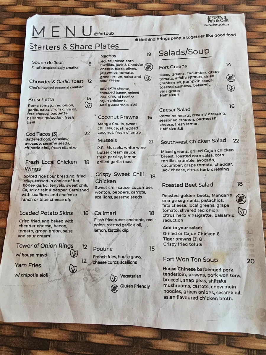 Menu, Fort Pub & Grill