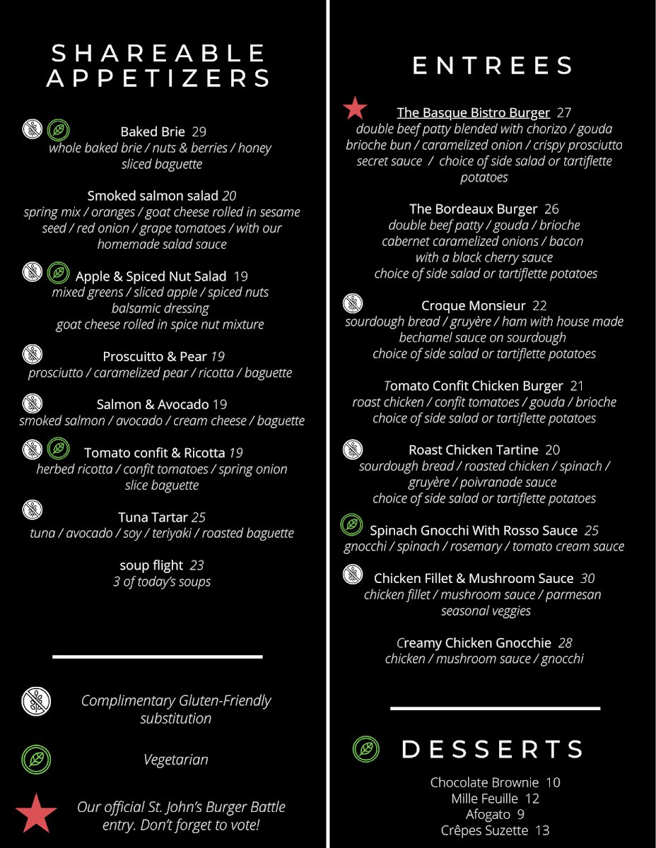 Menu, Bibi Bistro