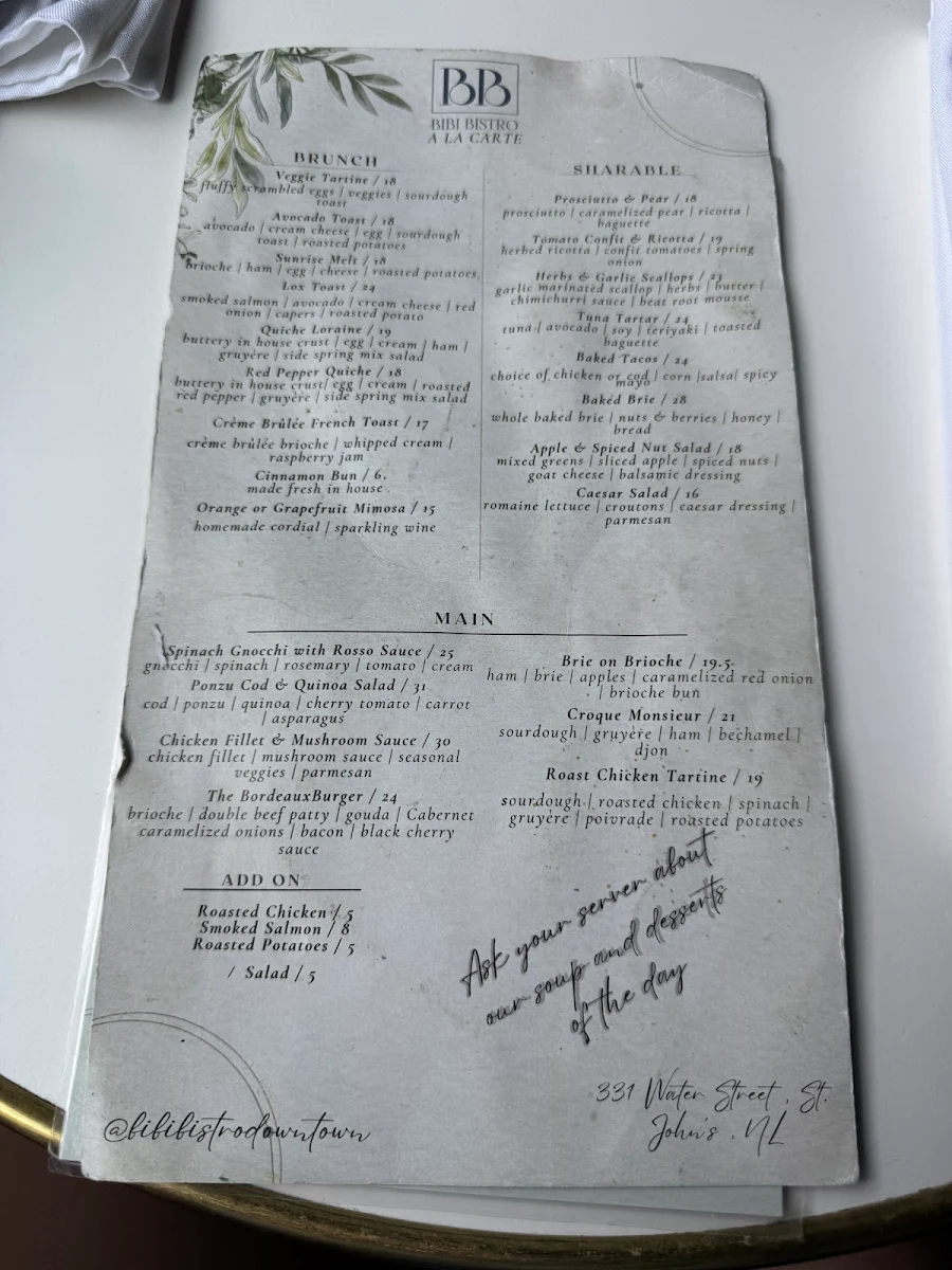 Menu, Bibi Bistro