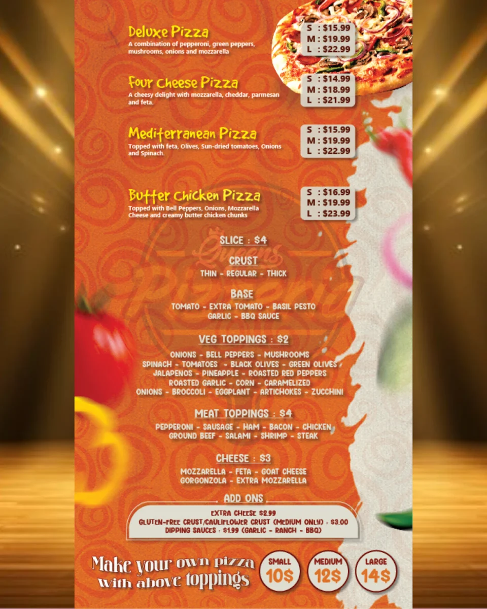 Menu, Queens Pizzeria