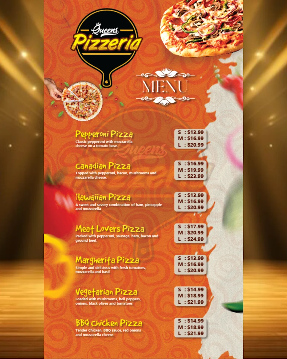 Menu, Queens Pizzeria