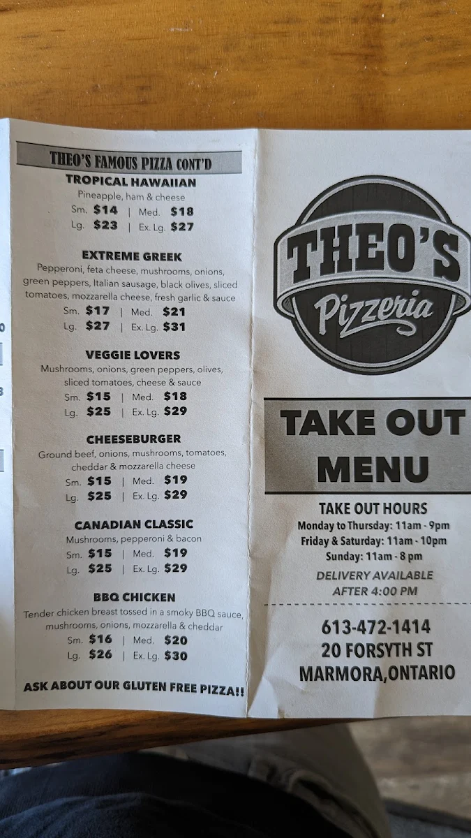 Menu, Theos Pizzeria