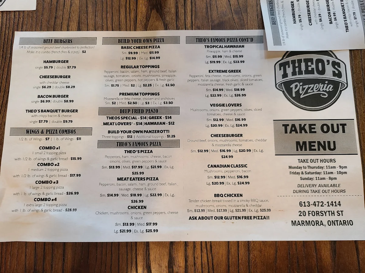 Menu, Theos Pizzeria