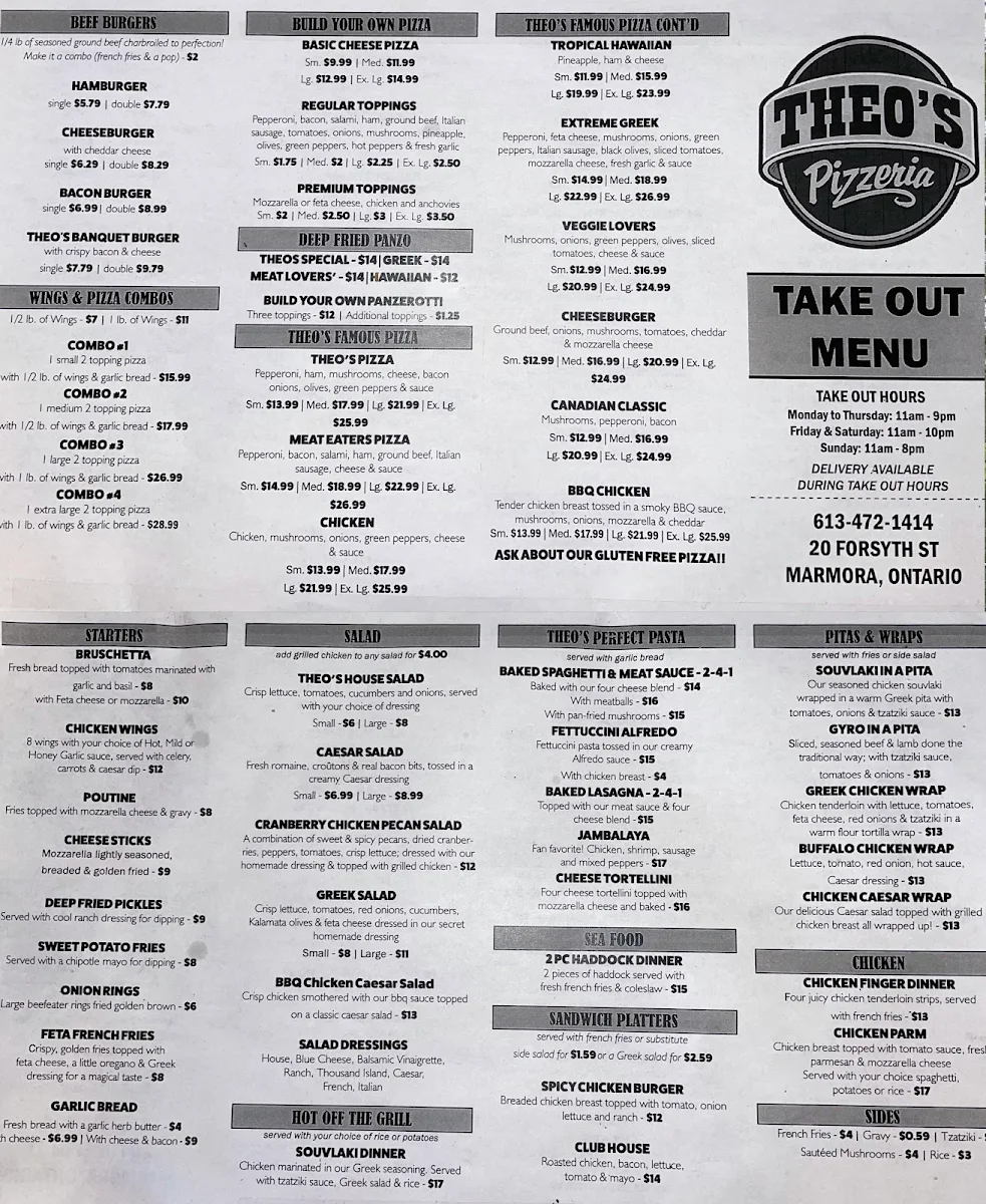 Menu, Theos Pizzeria