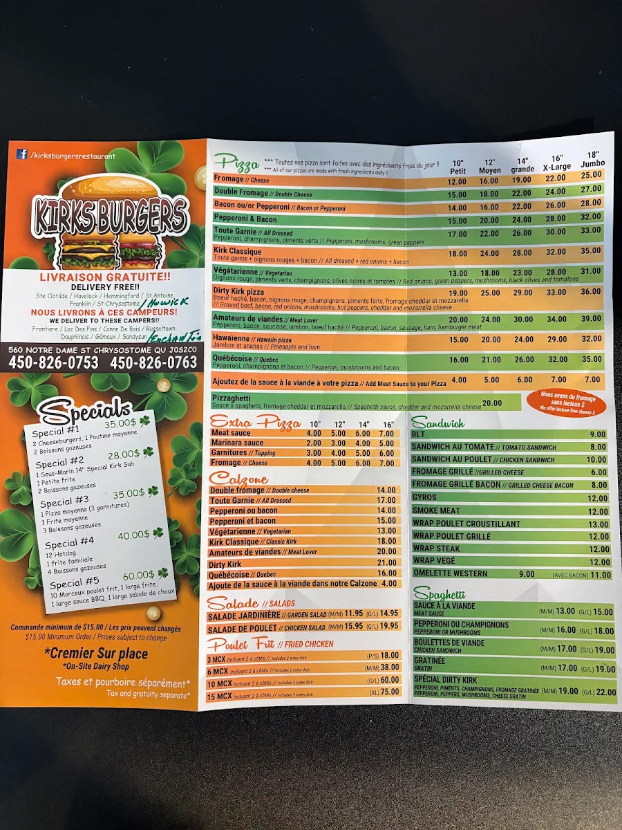 Menu, Kirks burgers
