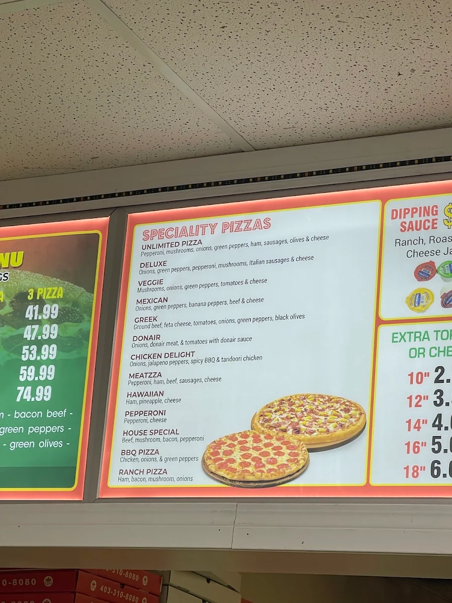 Menu, Canadian Pizza Unlimited
