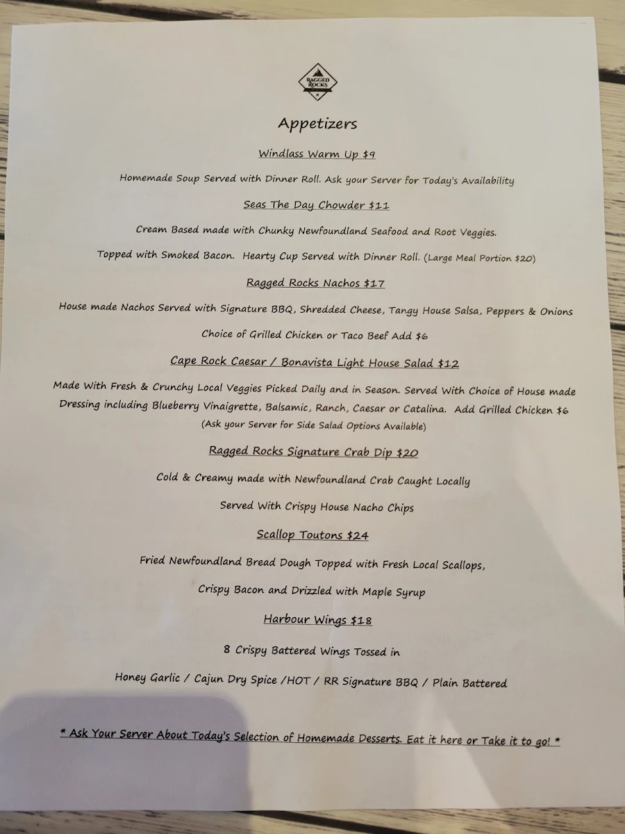 Menu, Ragged Rocks Gastropub
