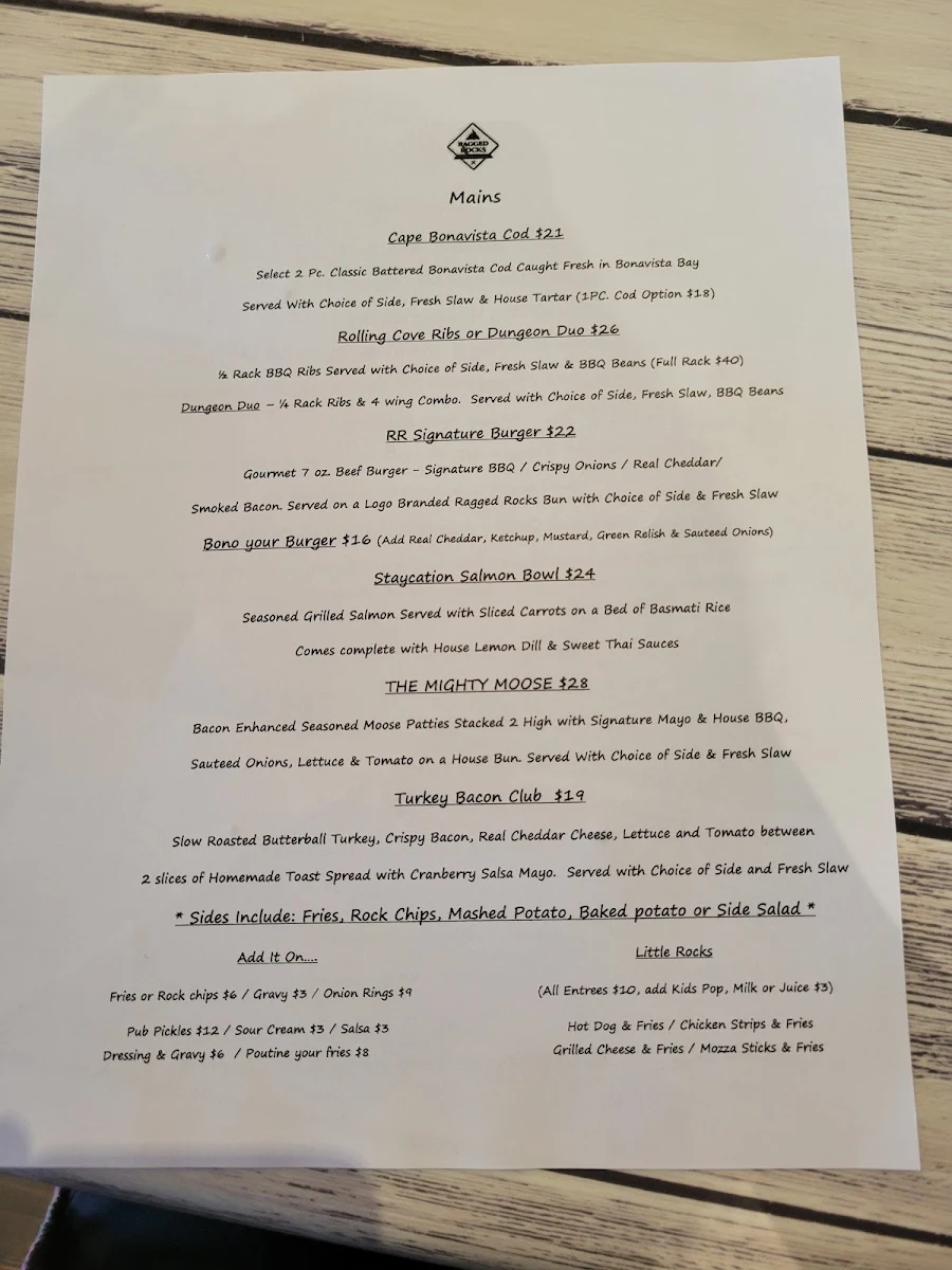 Menu, Ragged Rocks Gastropub
