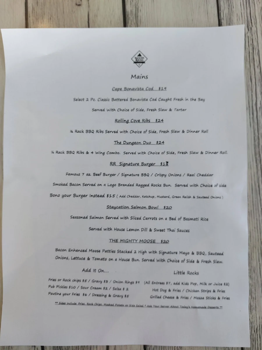 Menu, Ragged Rocks Gastropub