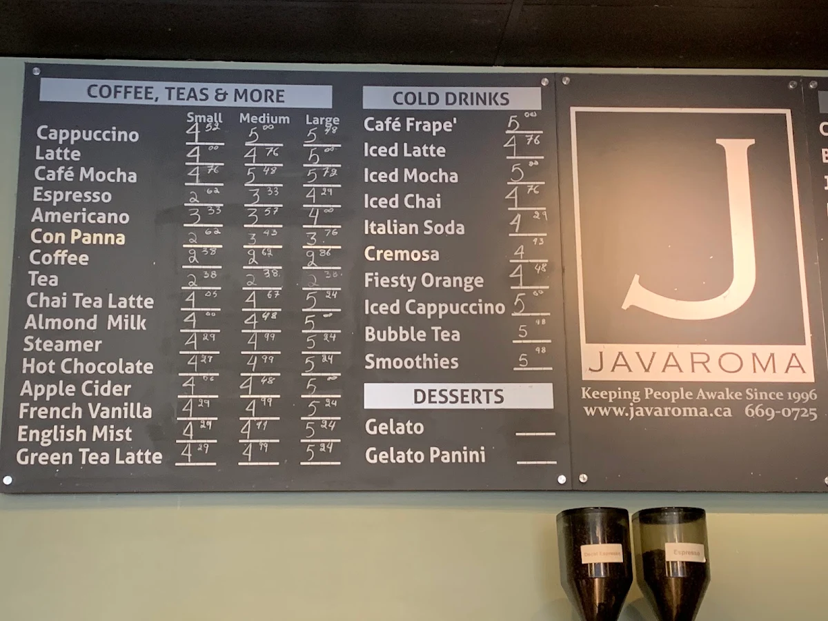 Menu, Javaroma Gourmet Coffee & Tea