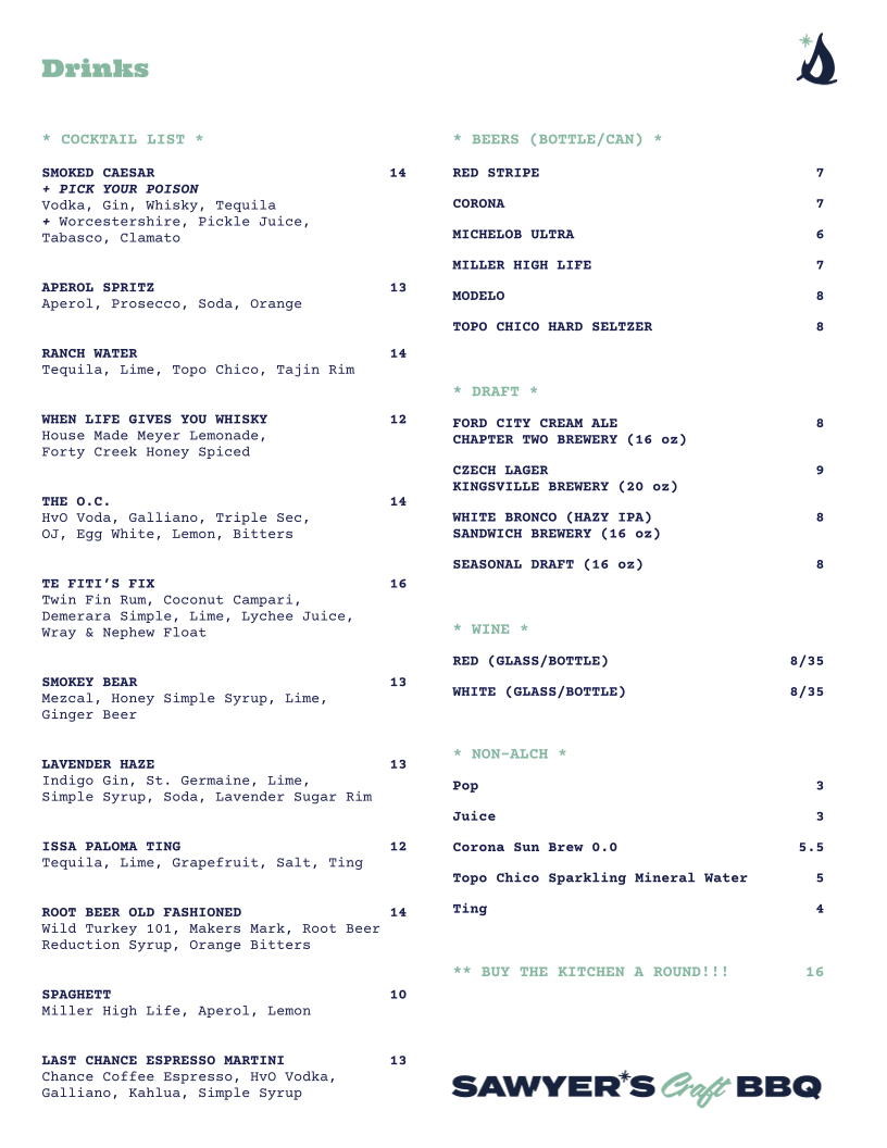 Menu, Sawyer's Craft BBQ