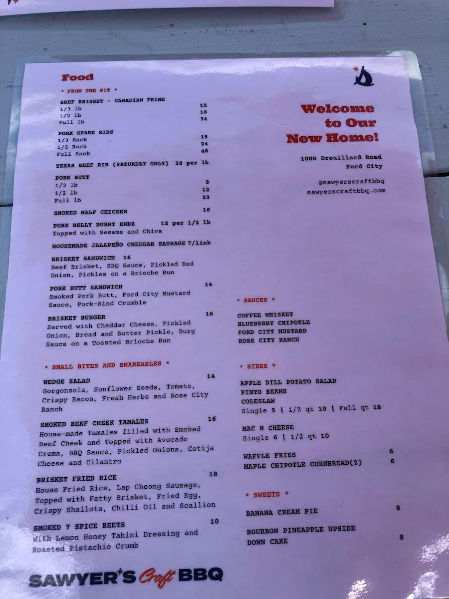 Menu, Sawyer's Craft BBQ