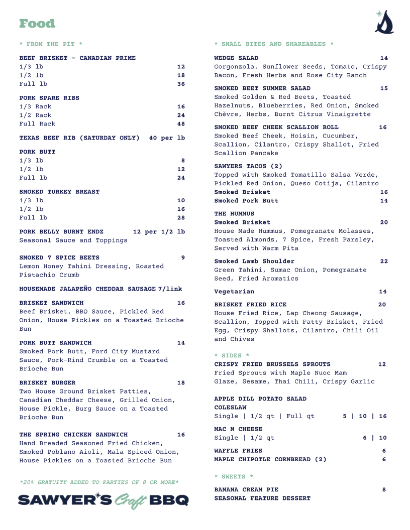 Menu, Sawyer's Craft BBQ