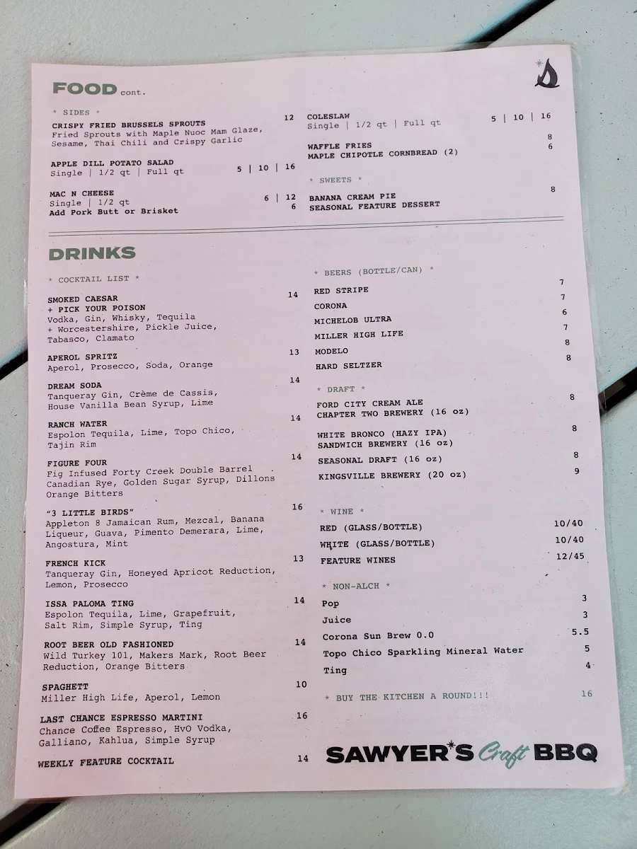 Menu, Sawyer's Craft BBQ