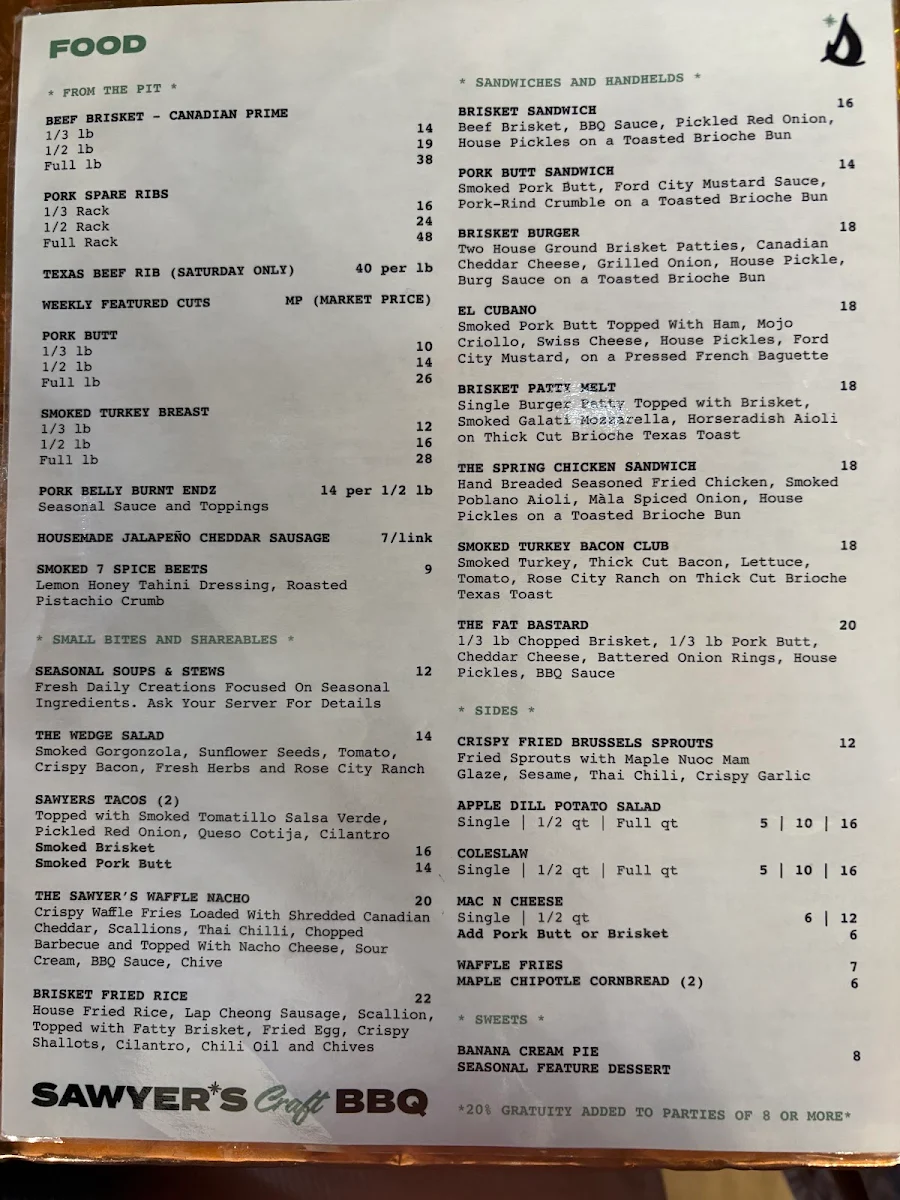 Menu, Sawyer's Craft BBQ