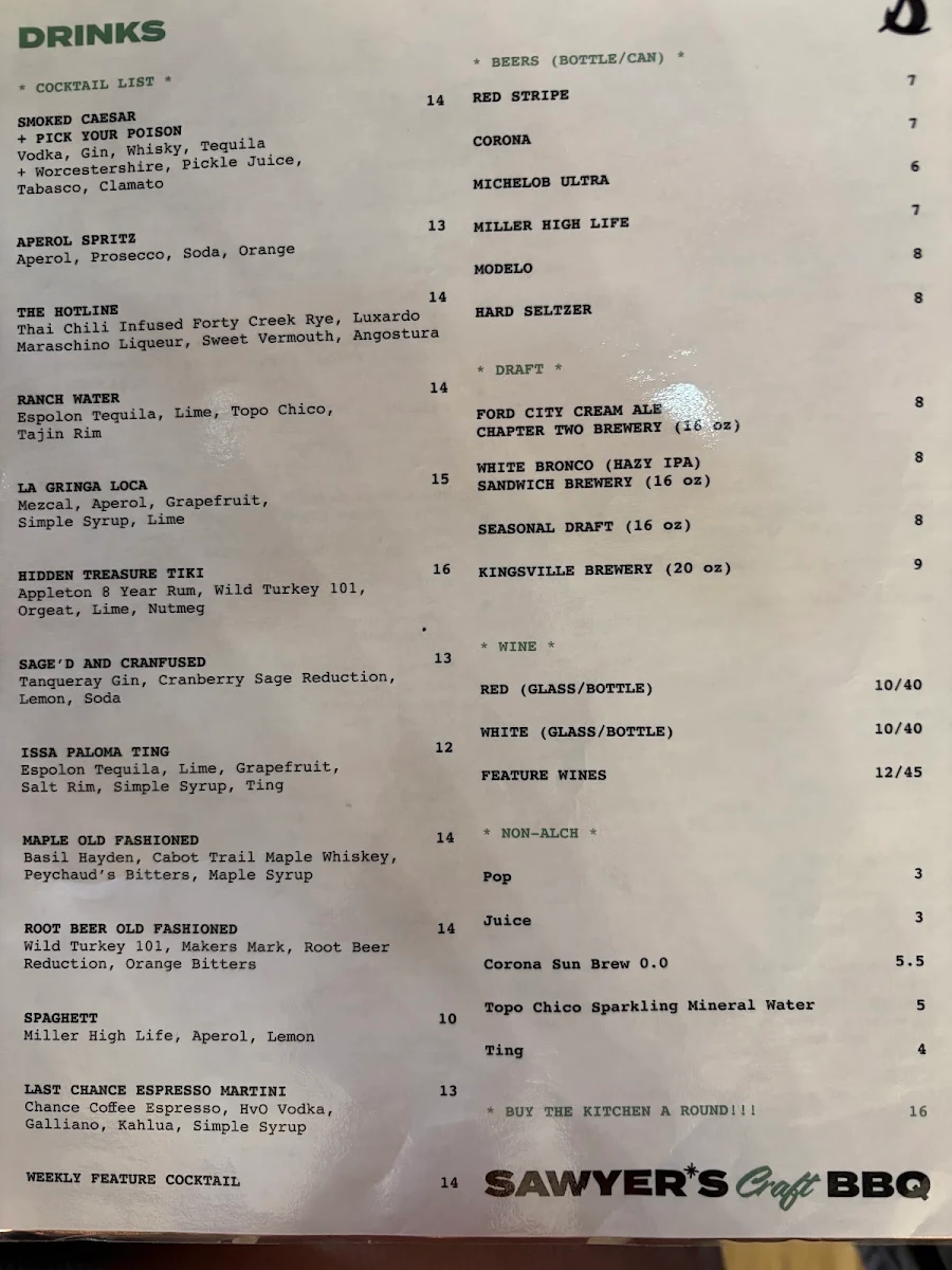 Menu, Sawyer's Craft BBQ