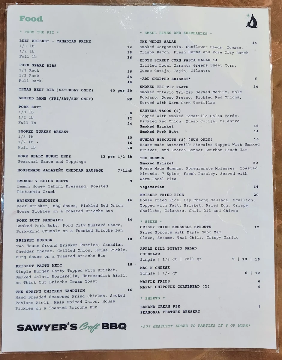 Menu, Sawyer's Craft BBQ
