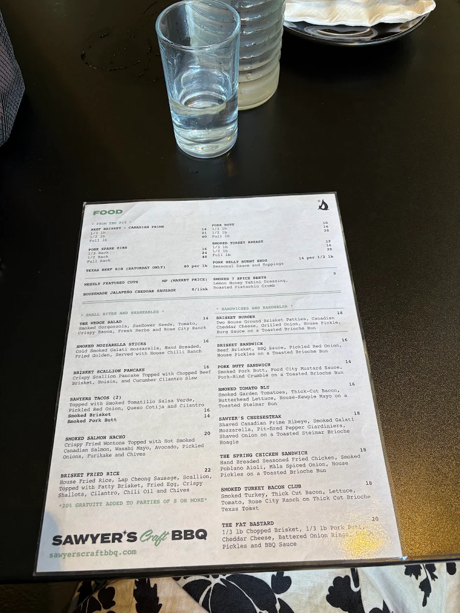 Menu, Sawyer's Craft BBQ