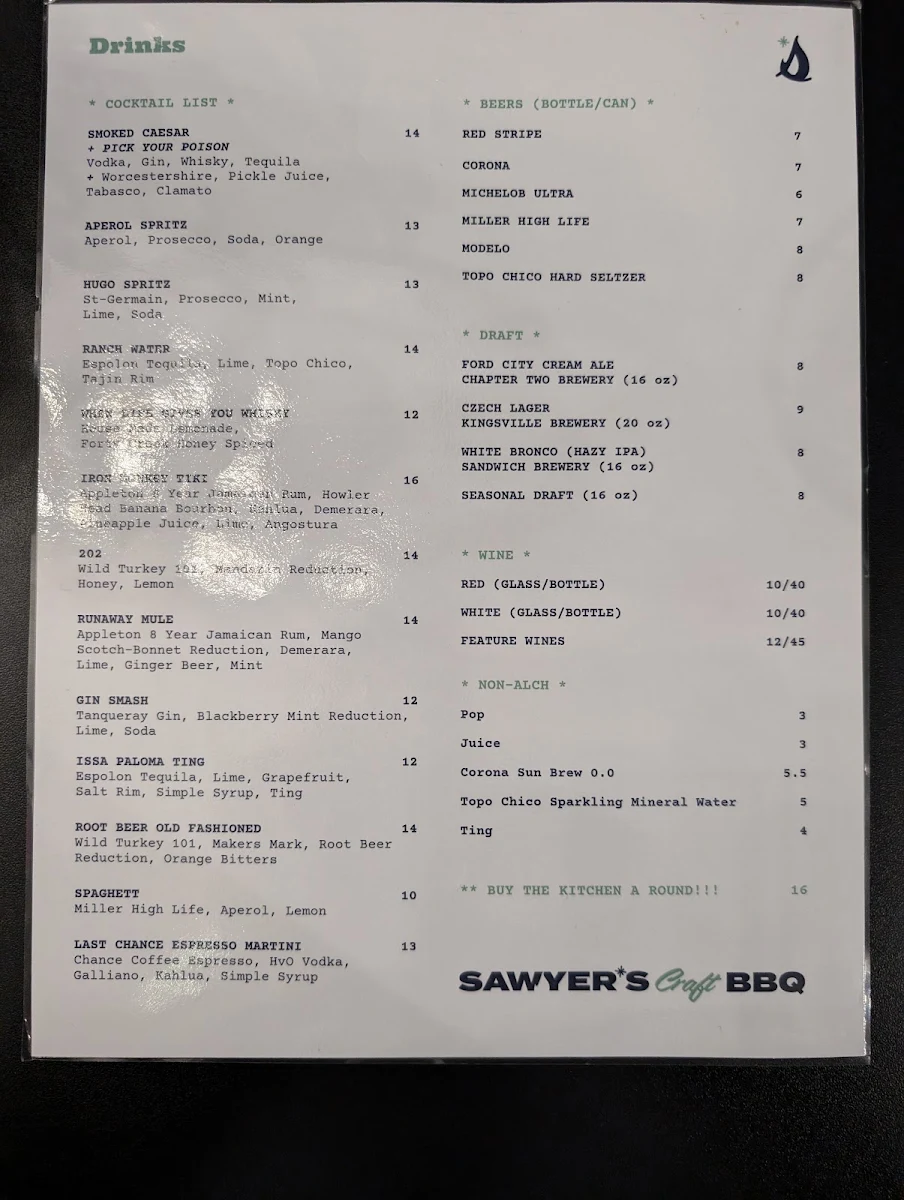 Menu, Sawyer's Craft BBQ