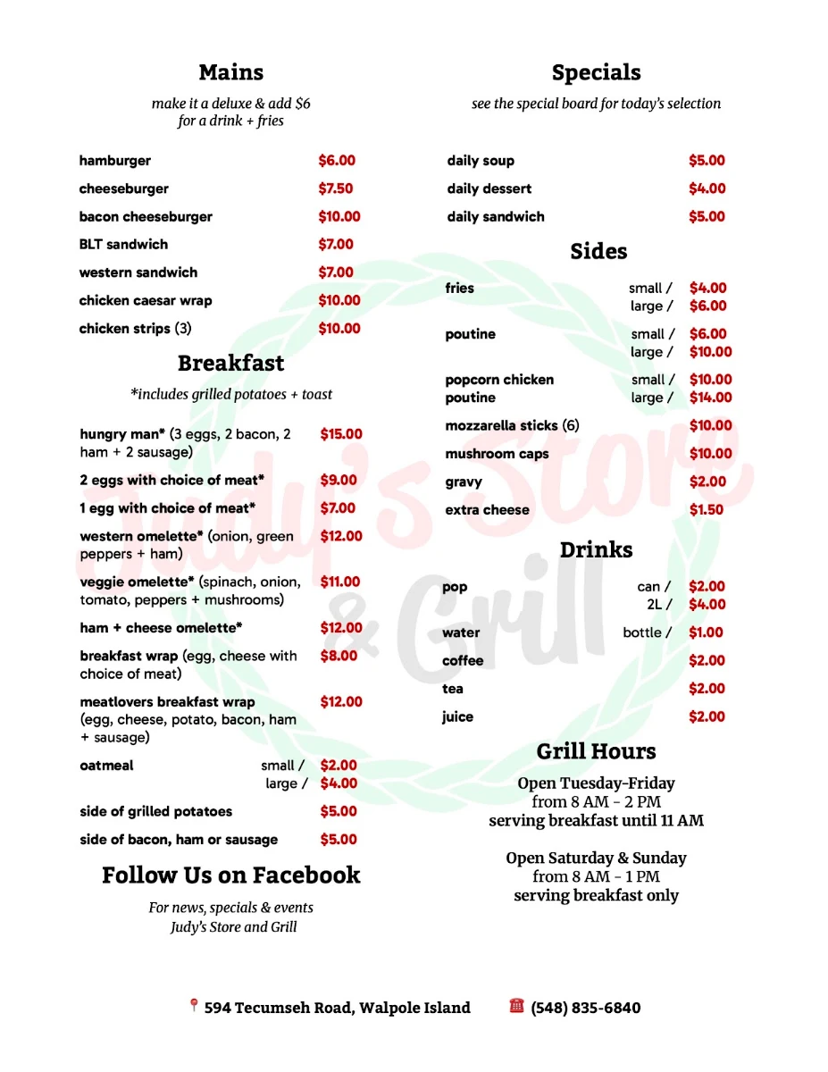 Menu, Judy's Store and Grill