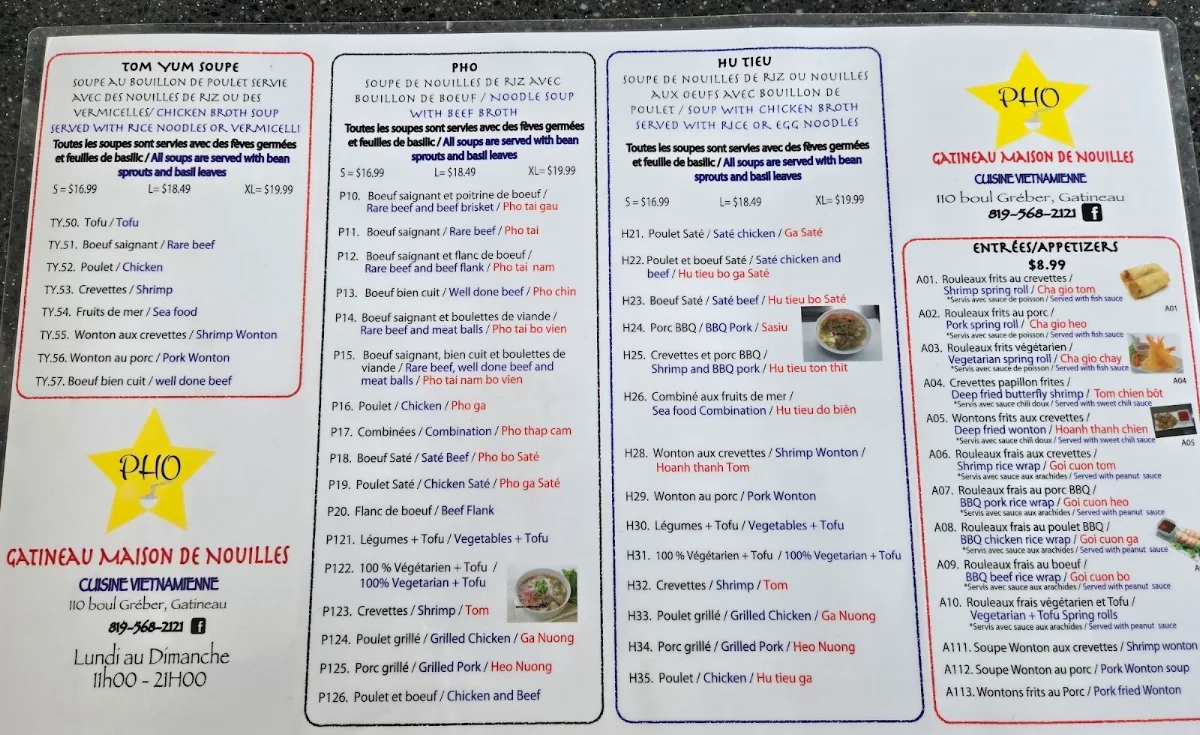 Menu, Restaurant PHO