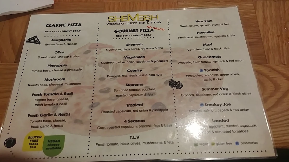 Menu, Shemesh Vegetarian Pizza Bar & More