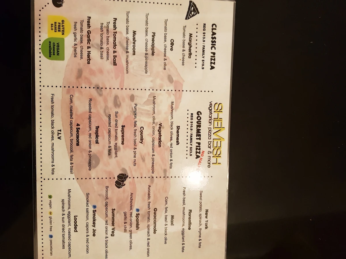 Menu, Shemesh Vegetarian Pizza Bar & More
