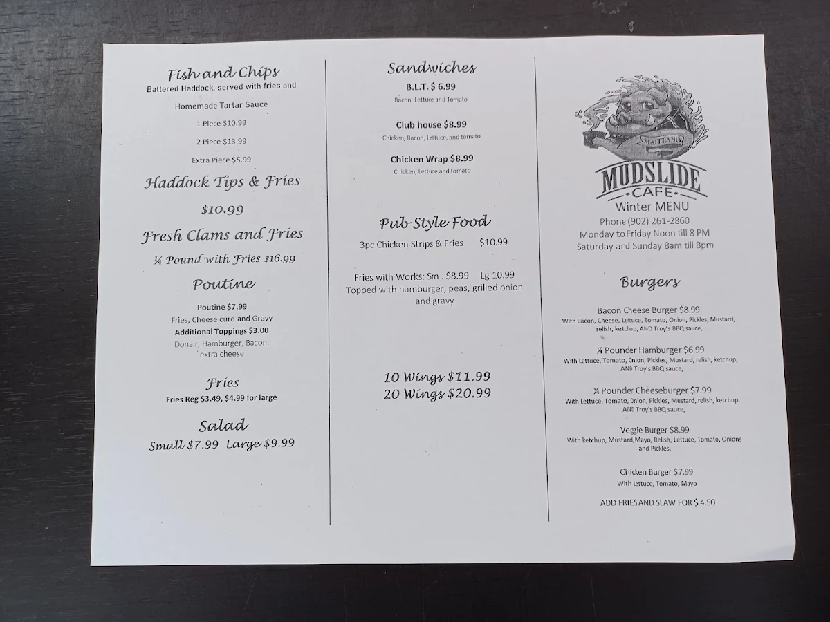 Menu, Mud Slide Cafe