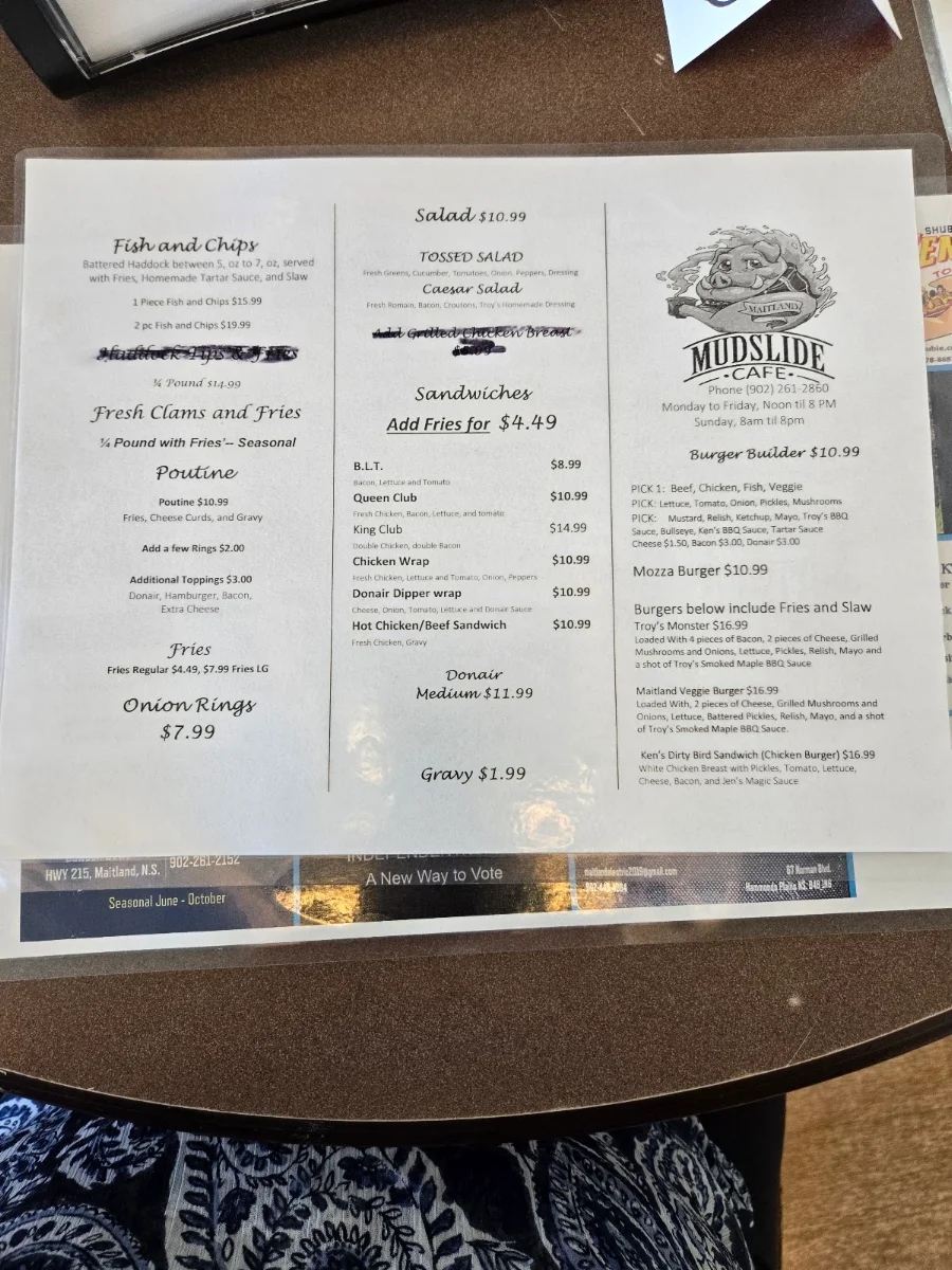 Menu, Mud Slide Cafe