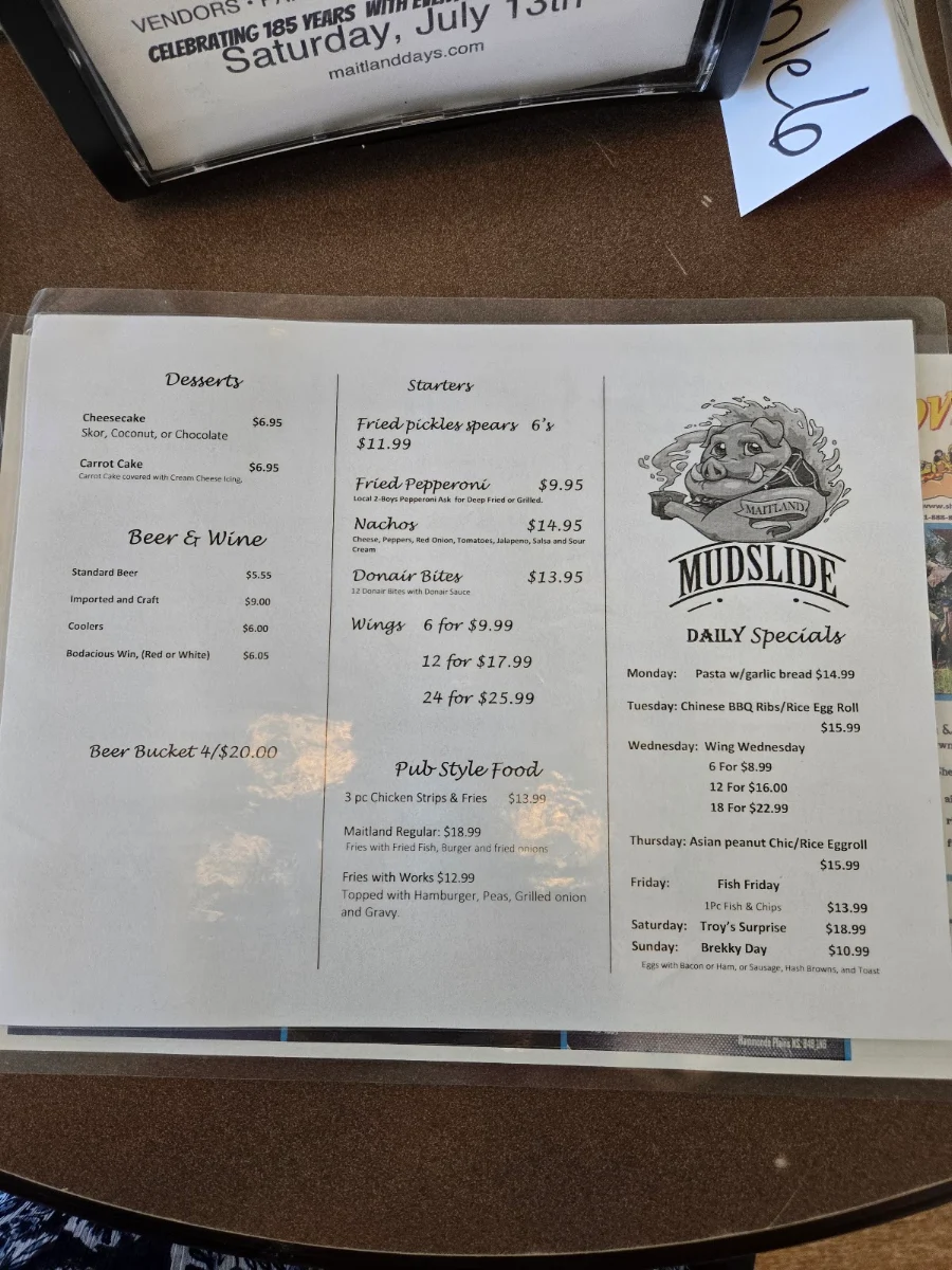 Menu, Mud Slide Cafe