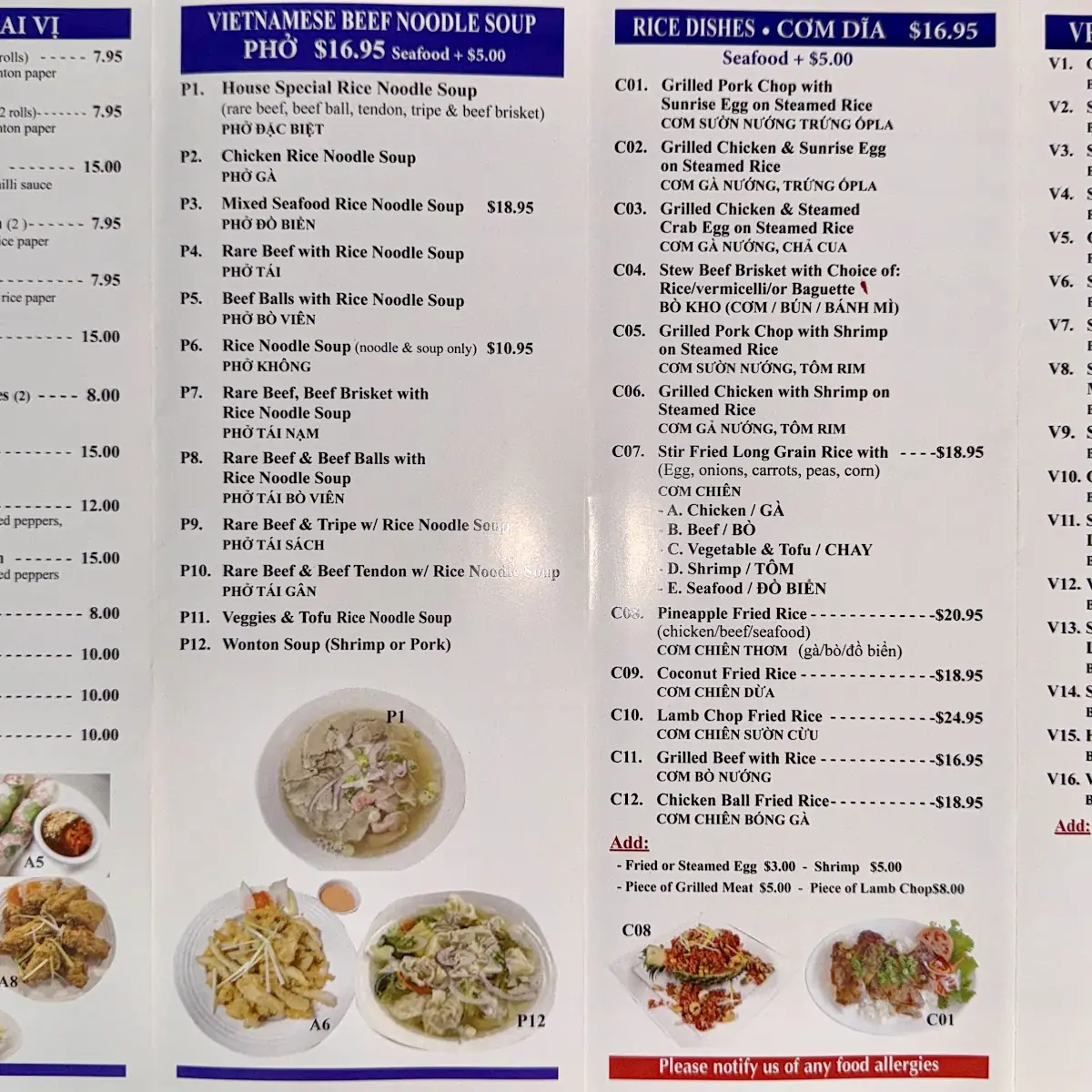 Menu, Pho Hut