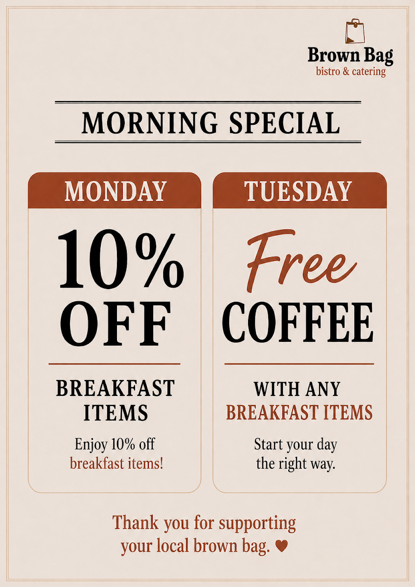 Menu, Brown Bag Bistro & Catering