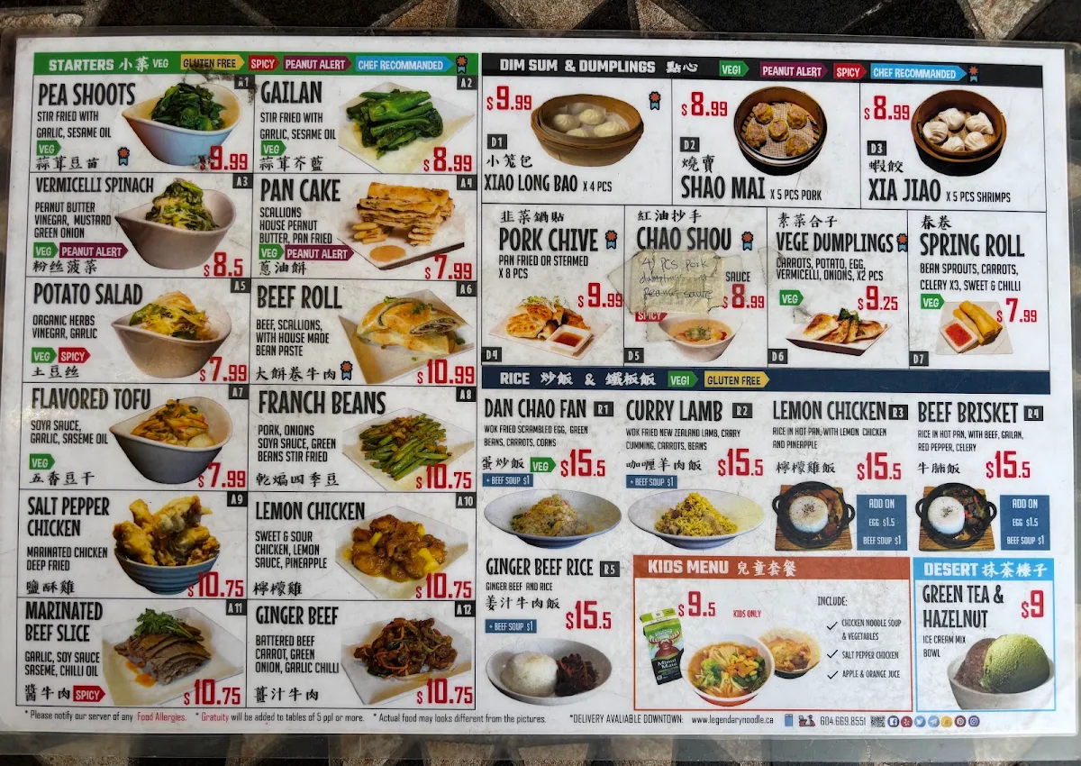 Menu, Legendary Noodle House