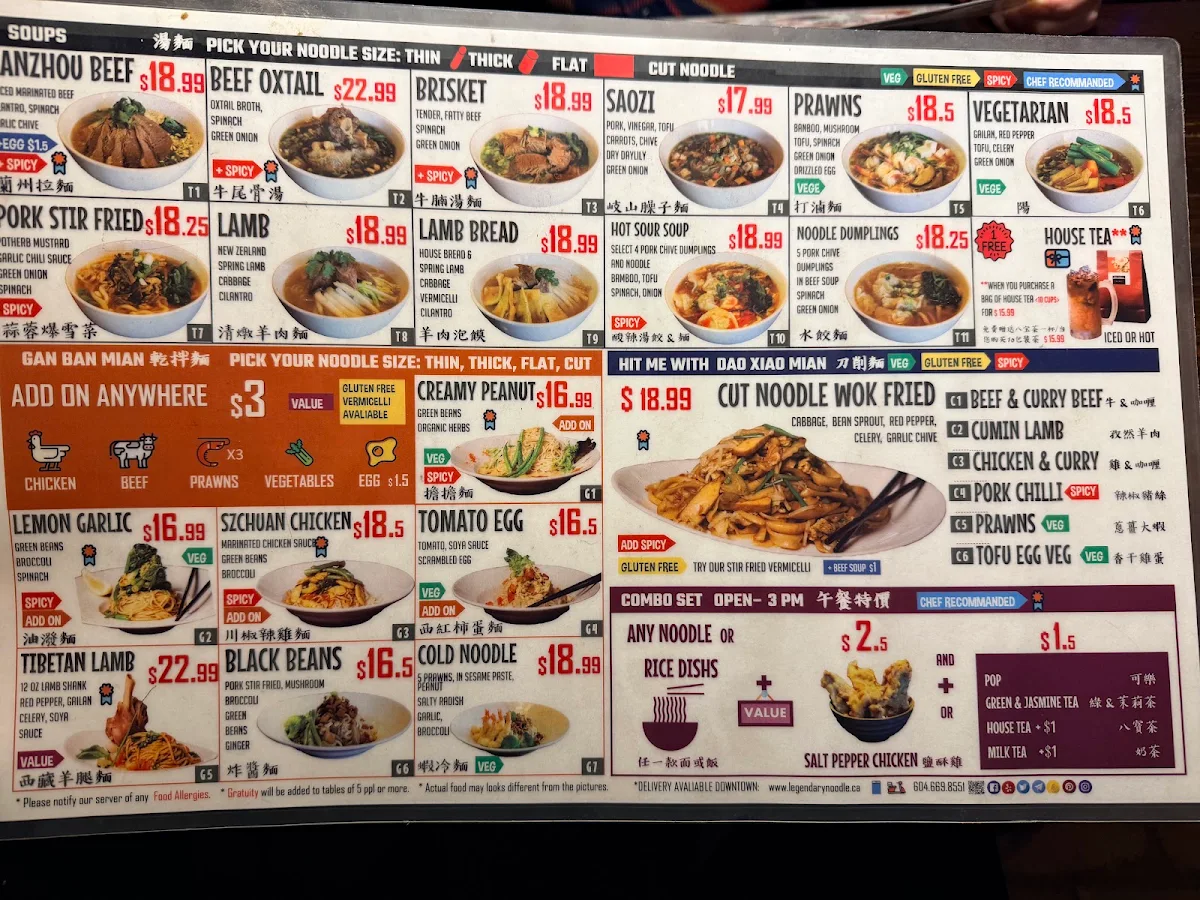 Menu, Legendary Noodle House