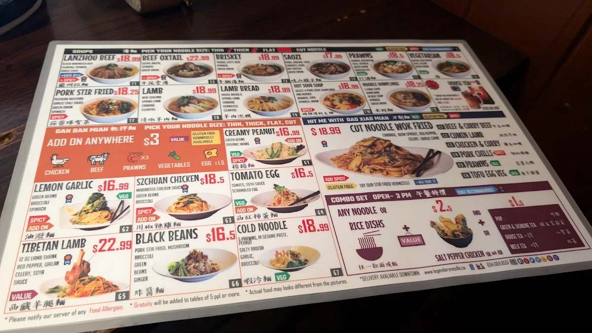 Menu, Legendary Noodle House