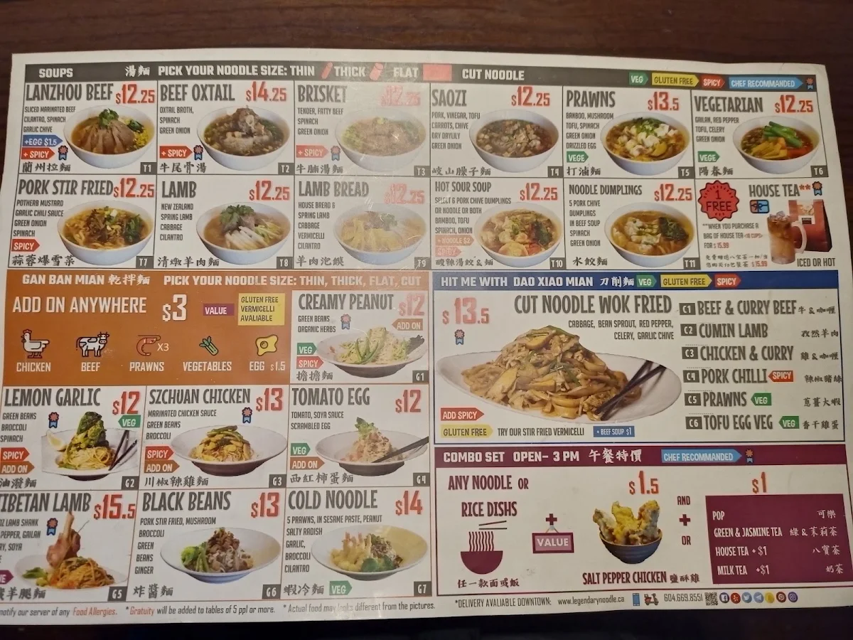 Menu, Legendary Noodle House