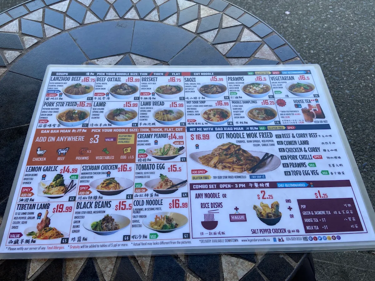 Menu, Legendary Noodle House