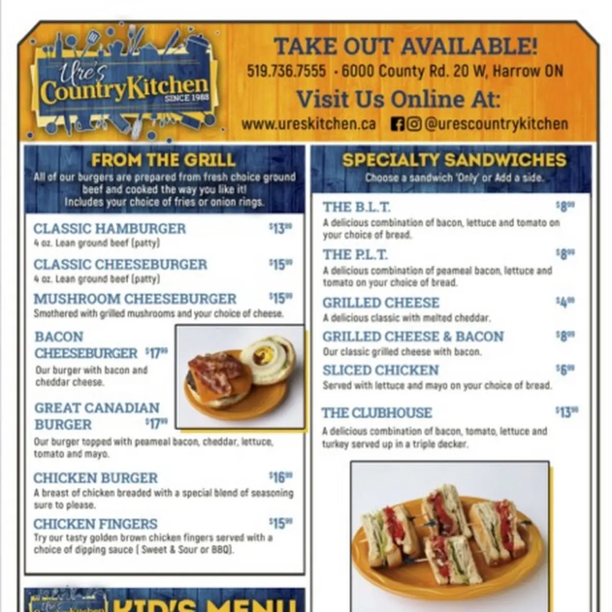 Menu, Ure's Country Kitchen